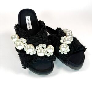 Steve Madden Amie Womens 7 Pearl Embellished Black Slide Sandals Flats